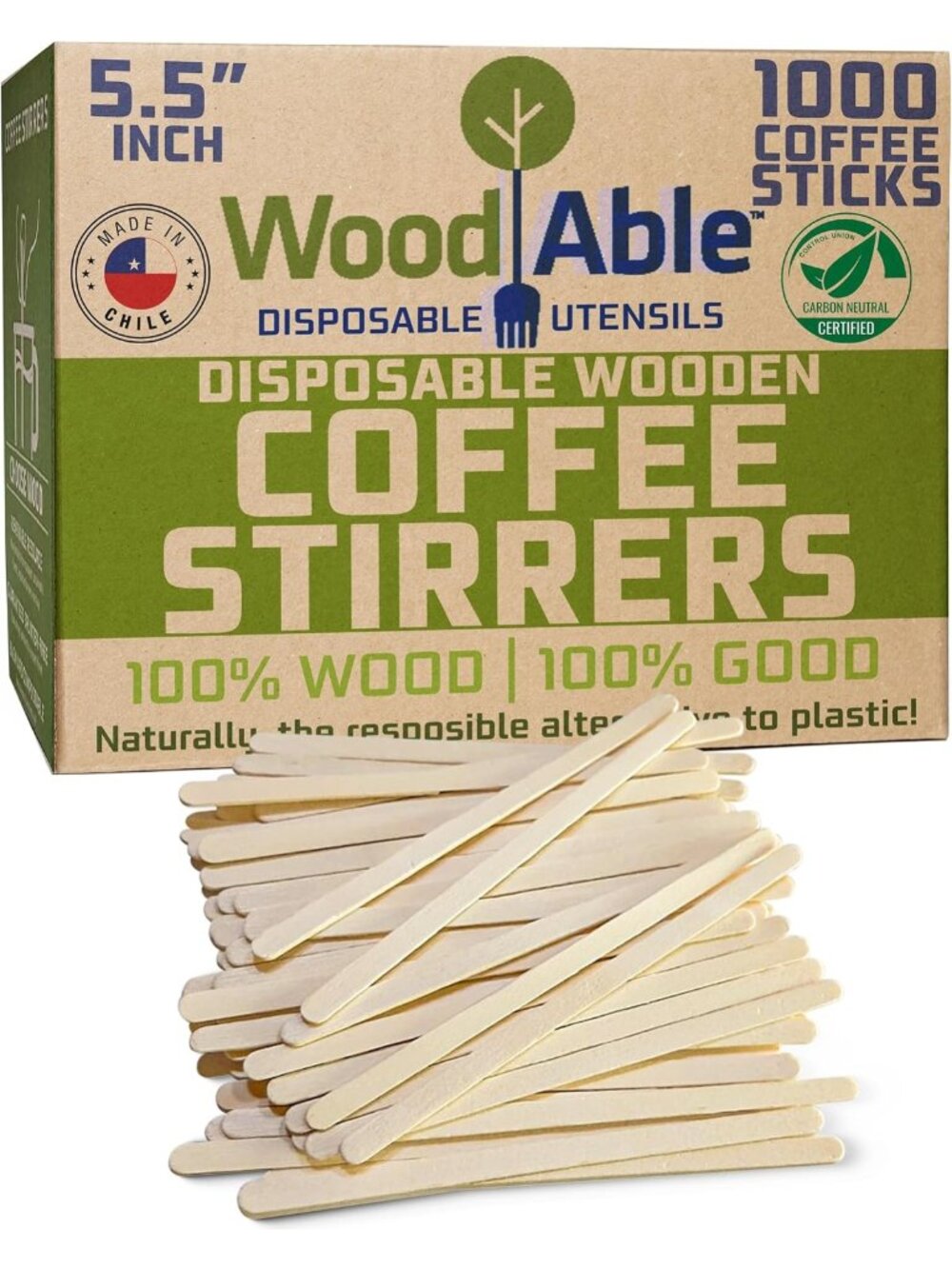 1000 Biodegradable Wooden Coffee Stirrers - Eco-Friendly Mixing Sticks, 5.5 Inch